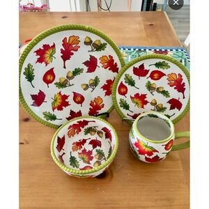 Temptations Fall Autumn Leaves Acorn Dinnerware Set 4 Piece Plate Bowl Mug Green